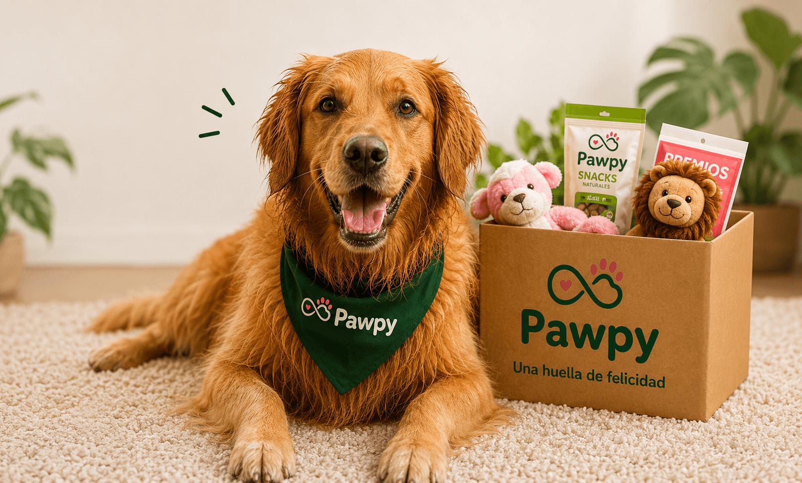 Perro feliz con caja Pawpy